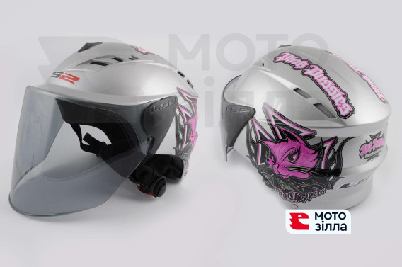 Шлем открытый   (mod:100) (аэроформа, черный визор) (size:L, серебро, PINK PUSSIES)   LS2