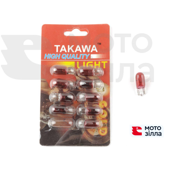 Лампа Т10 (безцокольная)  12V 3W   (габарит, приборы)   (красная)   TAKAWA