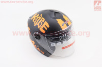 Шлем открытый + очки 707 - ЧЕРНЫЙ матовый с рисунком оранжевым (возможное некорректное закрытие стекла)