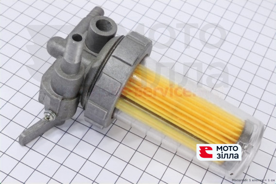Кран топливный + фильтр в пластмассовом, прозрачном корпусе (вход/выход в сторону)