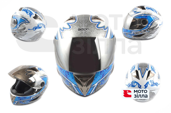 Шлем-интеграл   (mod:B-500) (size:XL, бело-синий, зеркальный визор, DARK ANGEL)   BEON