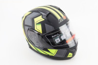 Шлем модуляр, закрытый с откидным подбородком + откидные очки BLD-162 Размер: L (59-60см), ЧЕРНЫЙ матовый с салатово-серым рисунком BLD